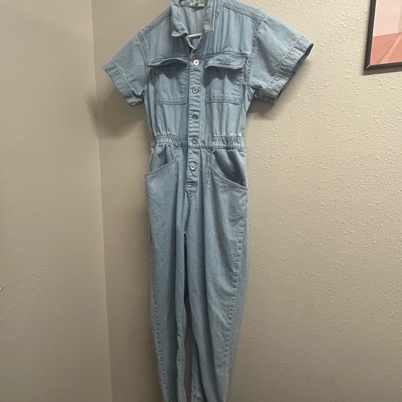 Kings Road Short Sleeve Utility Cinch Waist Denim Jumpsuit Romper Pockets Sz Sm - Picture 1 of 15